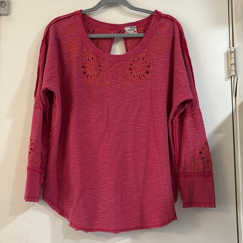 Intimately Free People Eyelet Embroidered Pink Long Sleeve Top Bobo Open Back